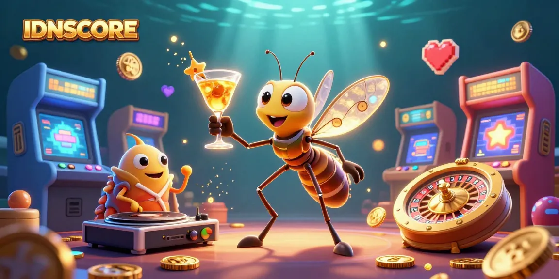 Experience the excitement of IDNSCORE with vibrant gaming elements and a unique casino mascot.
