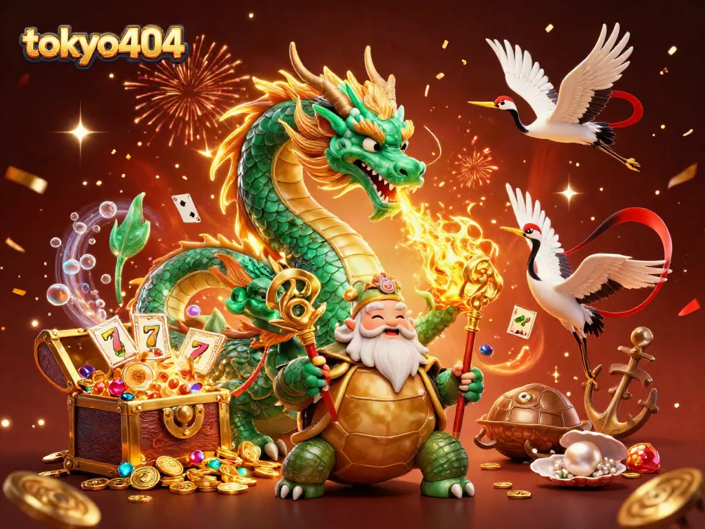 Experience the thrill of tokyo404 with a dynamic illustration featuring a jade dragon and slot reels.