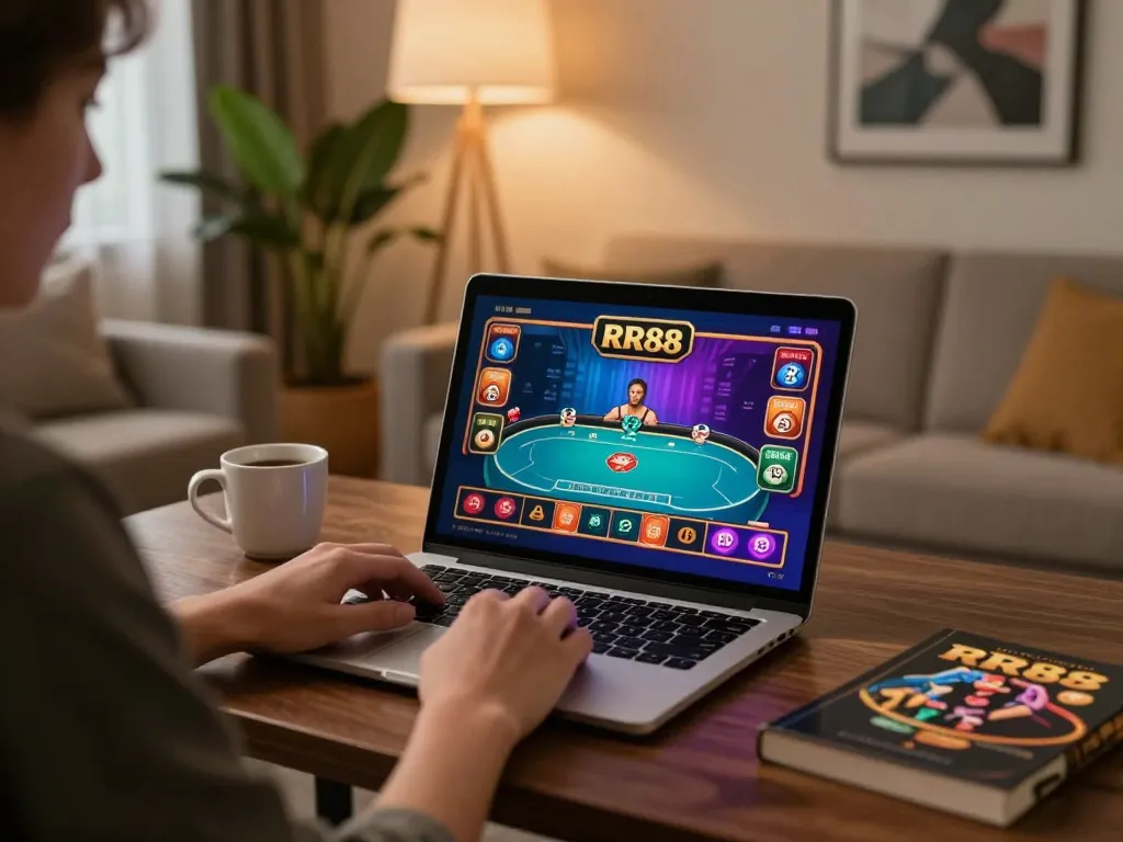 RR88 online gaming scene with vibrant poker gameplay on a laptop, highlighting strategic engagement