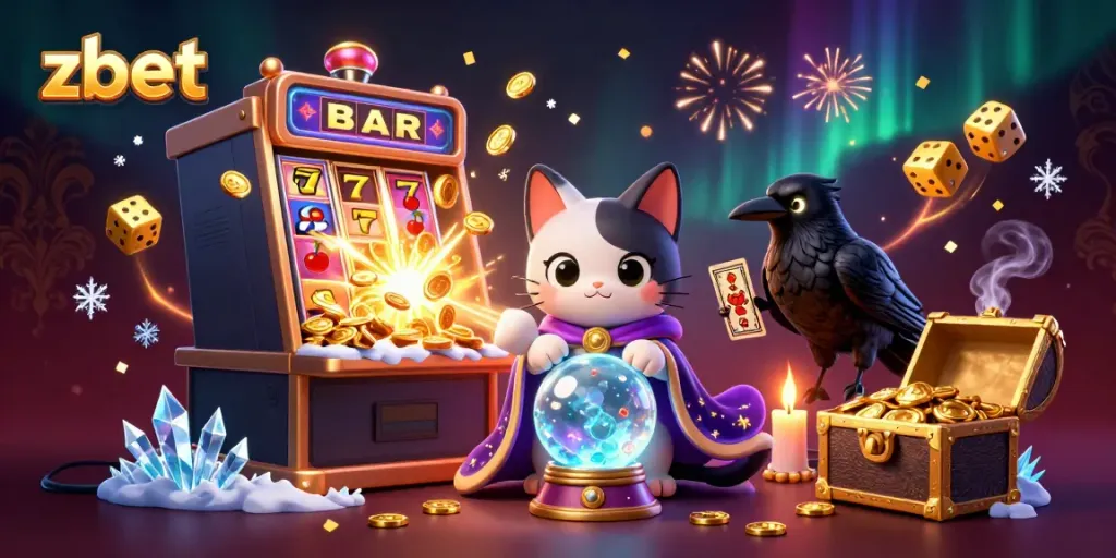 Engage with zbet's thrilling casino experience, featuring a mystical cat, tarot-card raven, and jackpot excitement.