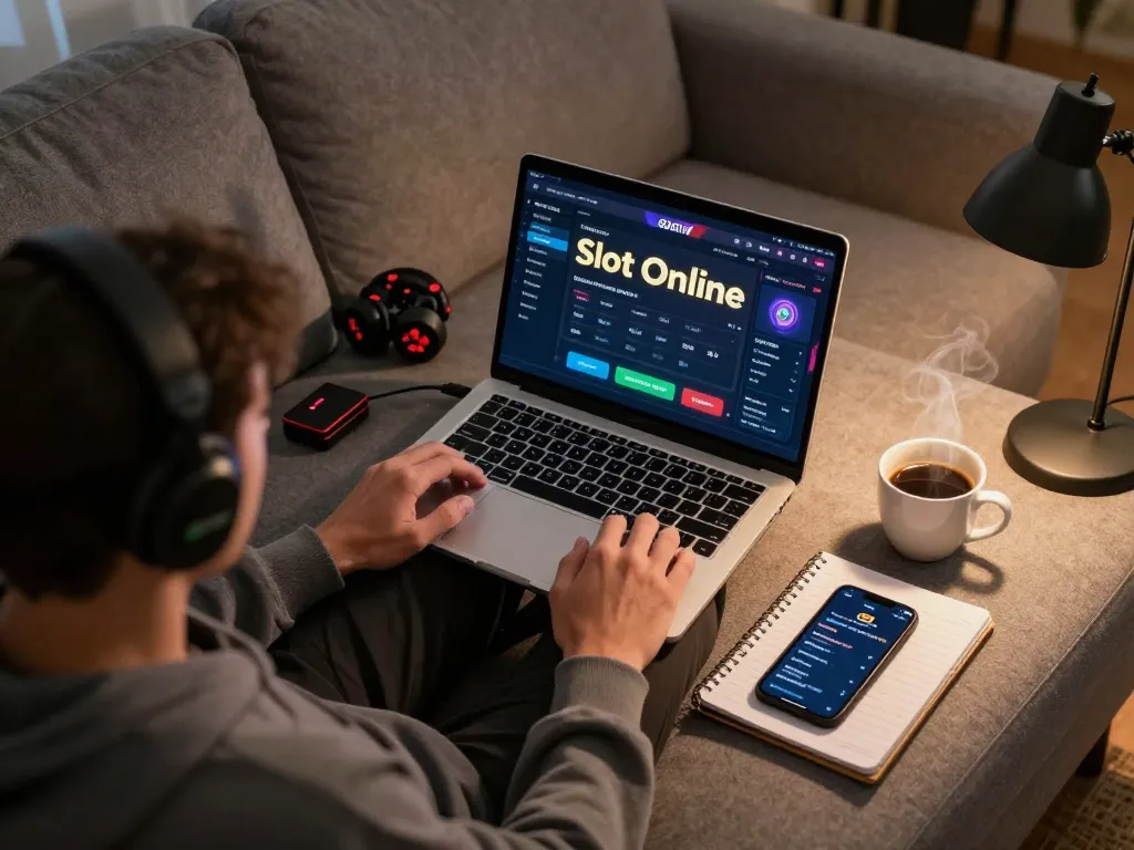 Engaging gameplay of Slot Online on a laptop with strategic notes beside a coffee mug.