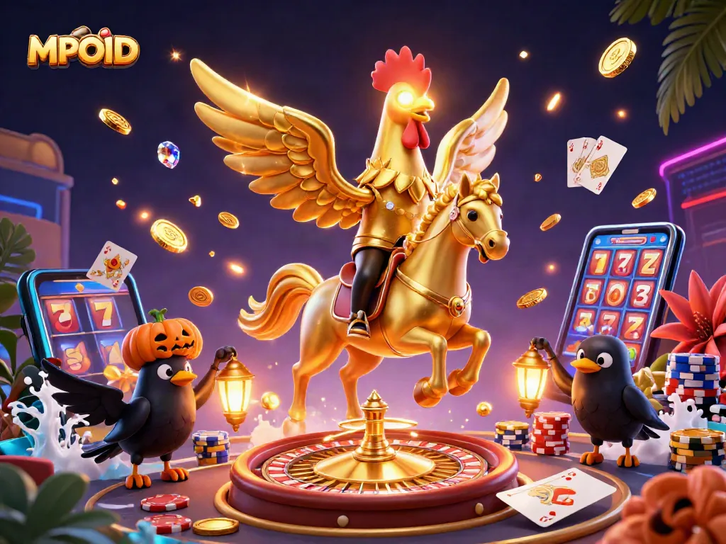 MPOID offers an exciting casino experience with a golden rooster character in a vibrant scene filled with exciting game elements.
