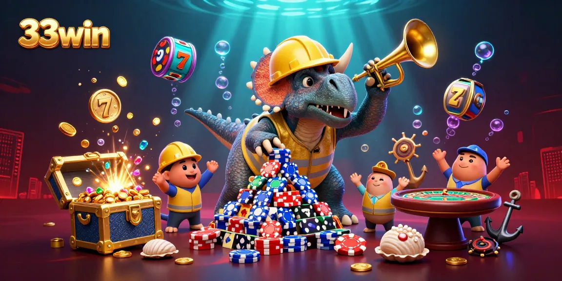 Engage in thrilling gameplay at 33win with this vibrant scene of cartoon dinosaurs celebrating a jackpot.