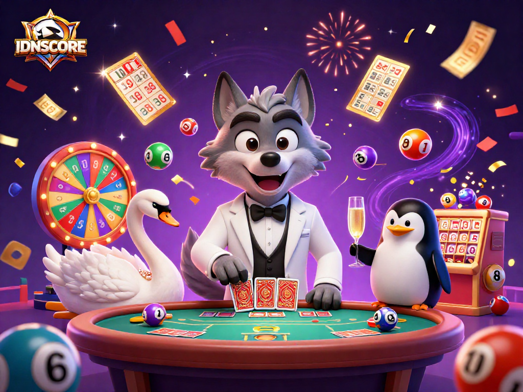 Engage with thrilling IDNSCORE slots as vibrant lottery elements explode in a casino celebration.