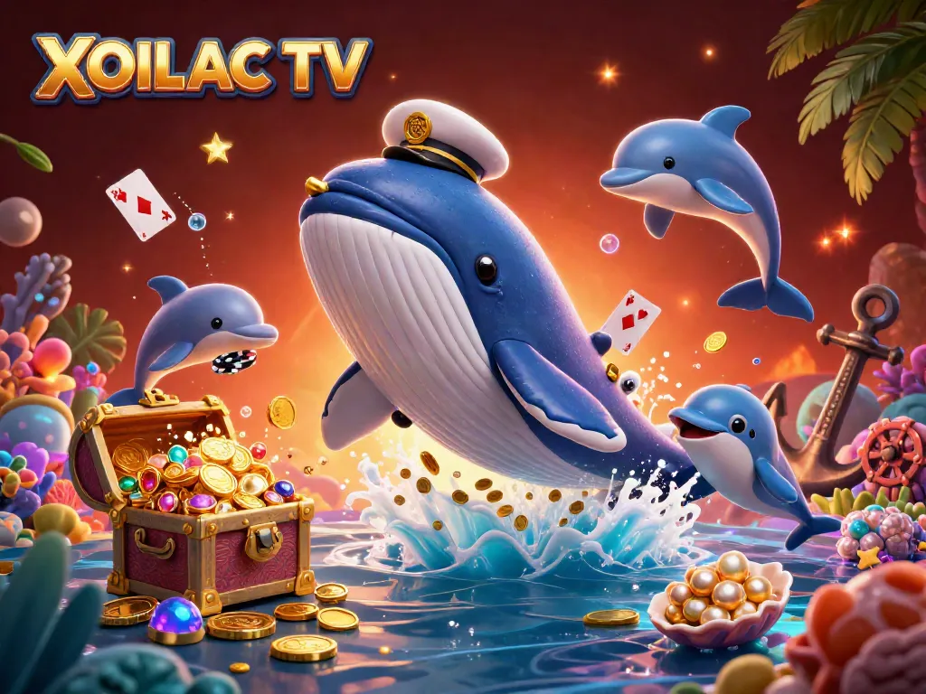 Experience thrilling moments with XOILAC TV as a gigantic whale, dolphin, and narwhal create a vibrant underwater casino scene.