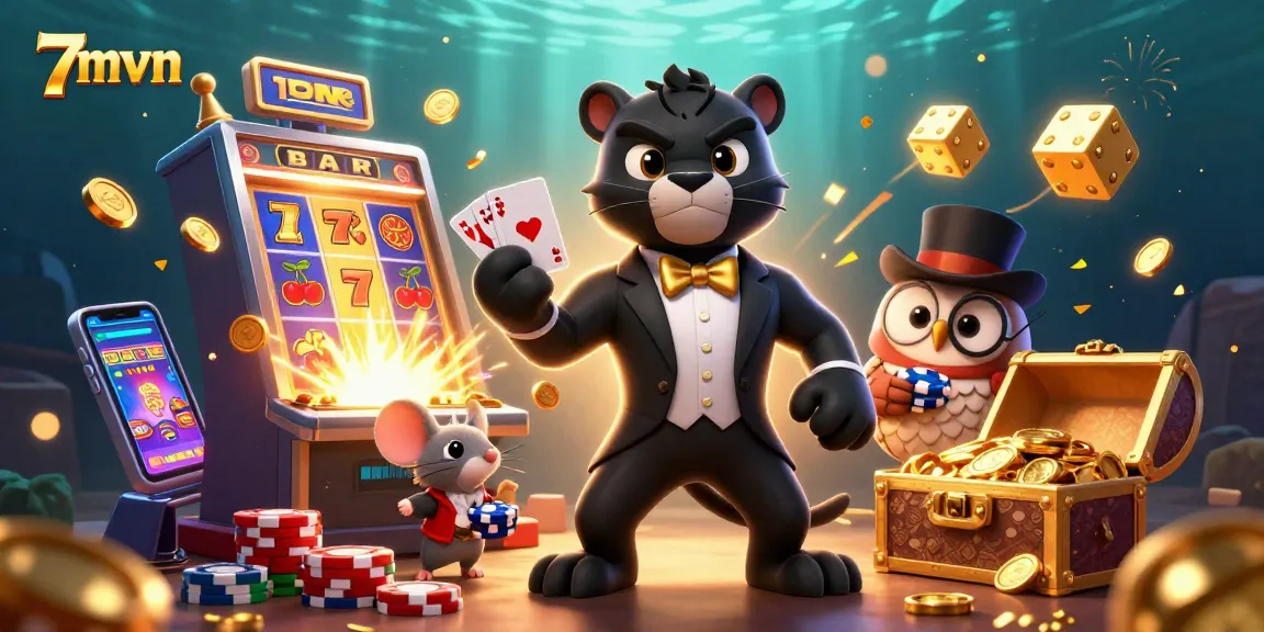 Engage with thrilling gaming moments at 7mvn featuring a panther dealer, casino ambiance, and lucky symbols.