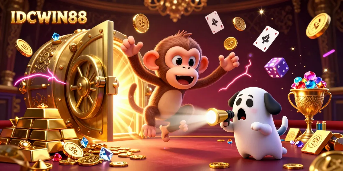 Experience the thrill of IDCWIN88, where the playful poltergeist monkey juggles golden casino treasures.