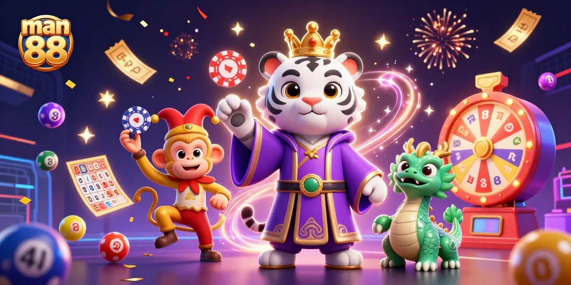 Experience thrilling games with man 88, featuring a playful scene of vibrant casino elements.