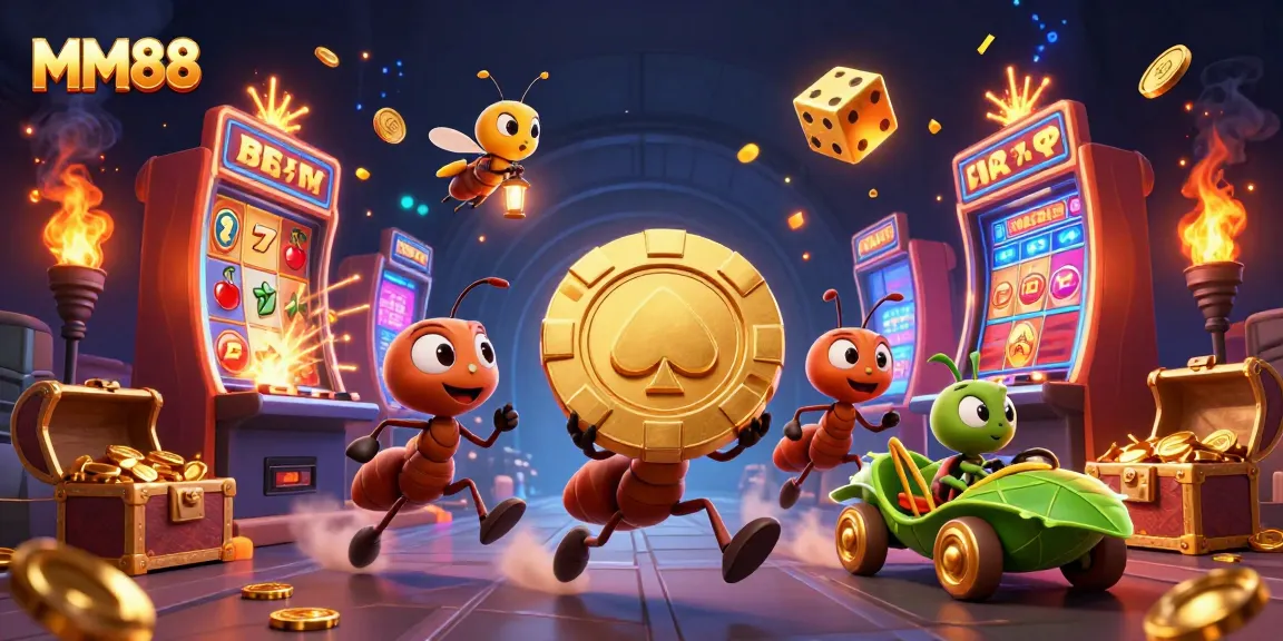 Engage with the MM88 experience through a dynamic illustration of ants in a casino heist, showcasing jackpot excitement.