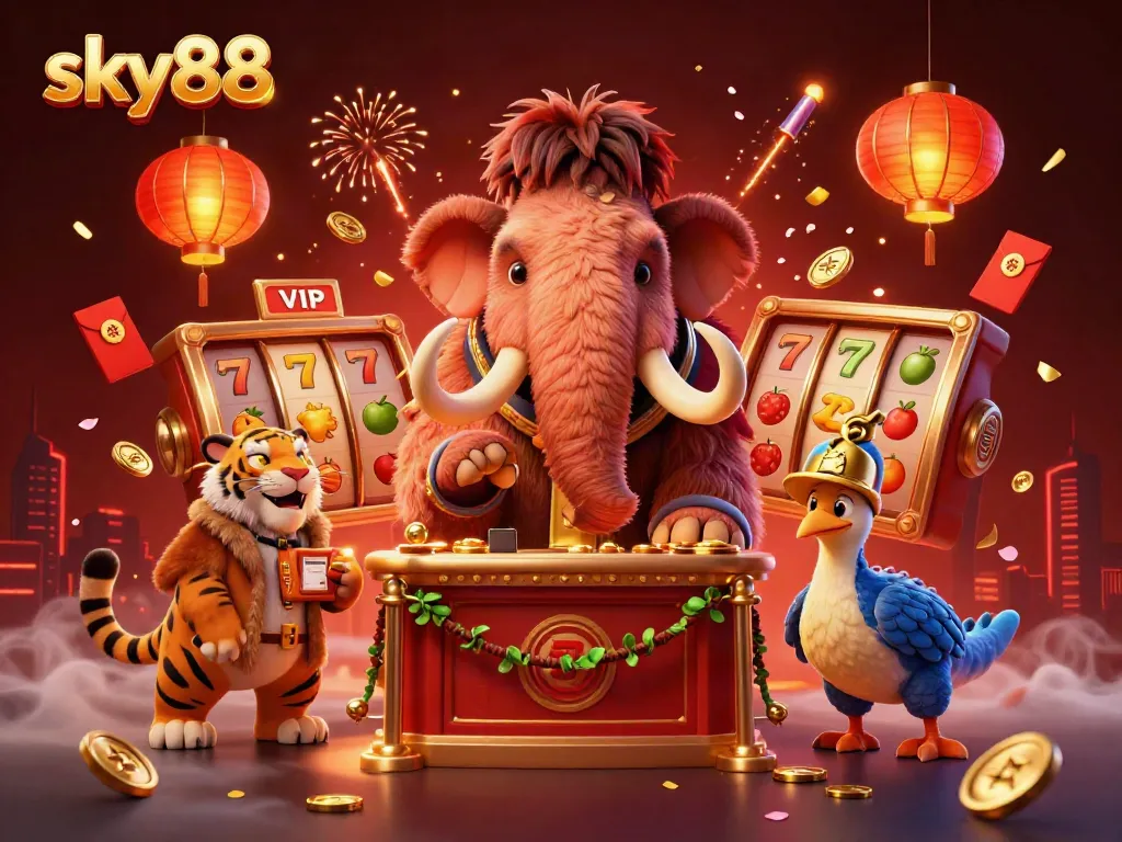 Engage in exciting bets at sky88 with a vibrant 3D scene of a mammoth bouncer, VIP tiger, and dodo doorman.