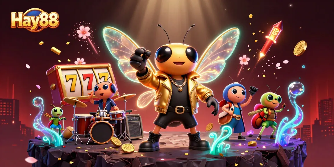 Engage with Hay88's vibrant casino world featuring a rock star cicada and dynamic slot reels.