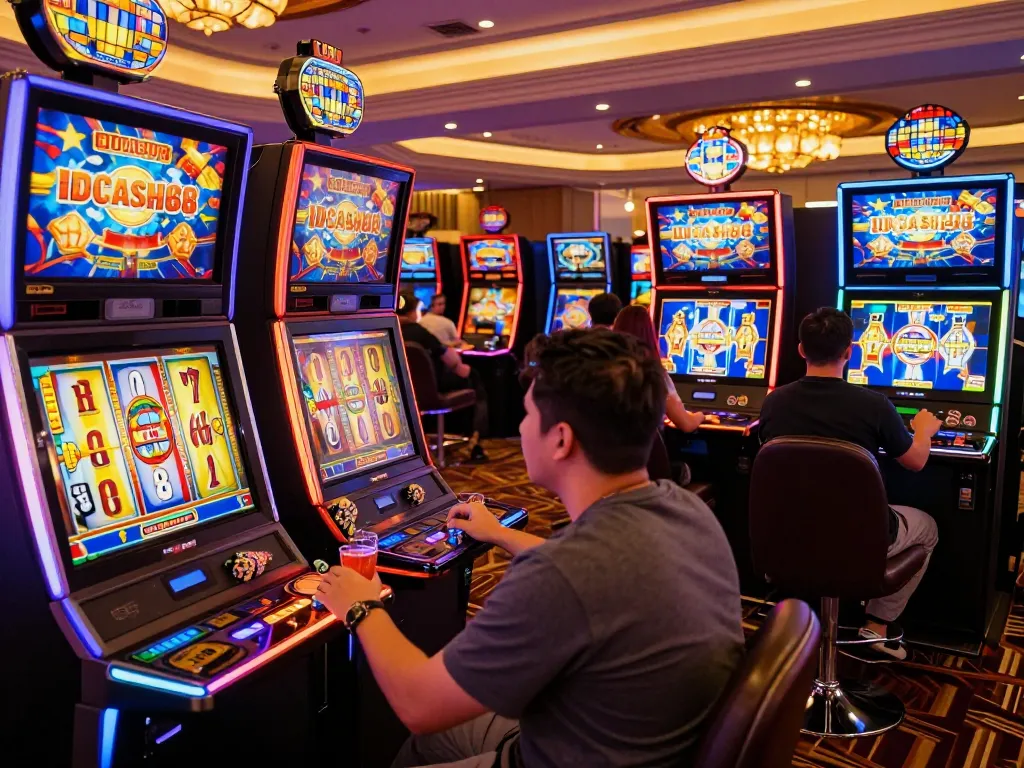 Players celebrating wins at colorful IDCASH88 Slot machines in a lively casino scene.