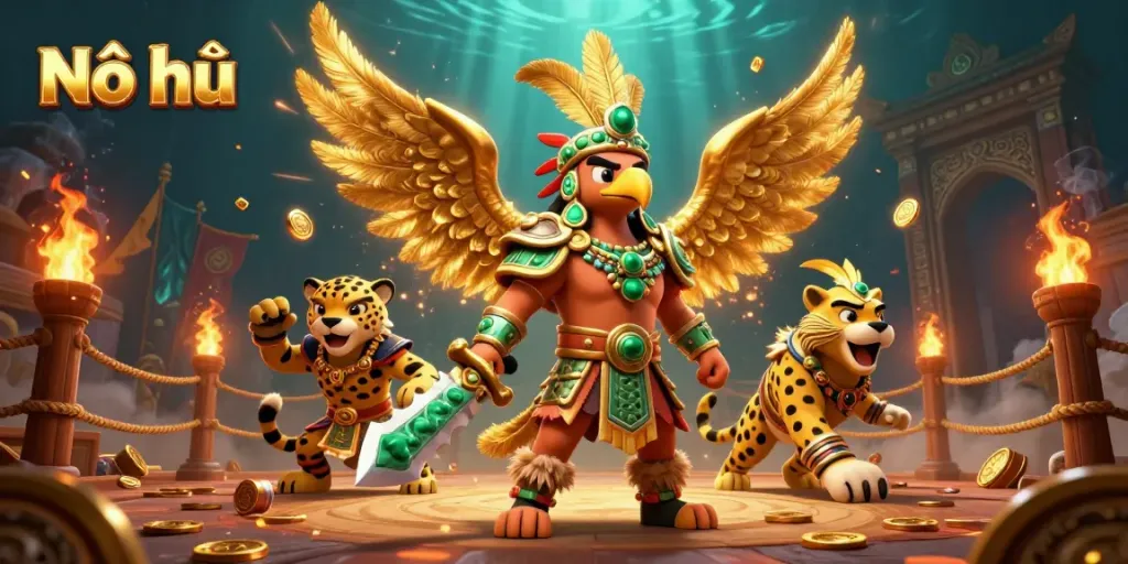 Spin the reels of Nổ hũ with the Aztec eagle warrior and jaguar amidst golden tokens and flames.