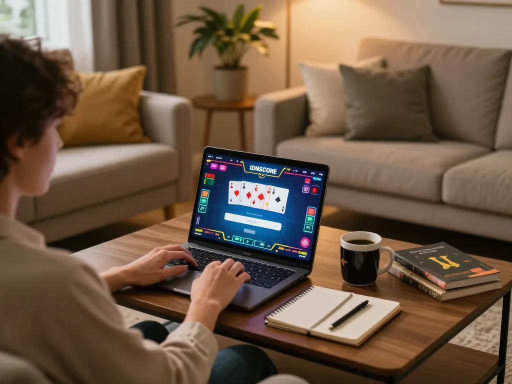 IDNSCORE LOGIN online poker game setup at home with strategy notes and relaxed atmosphere.