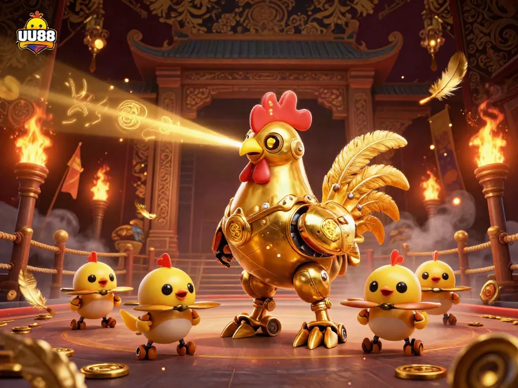Engage in thrilling battles with UU88's golden rooster robot and baby chick drones amidst an action-packed casino arena.
