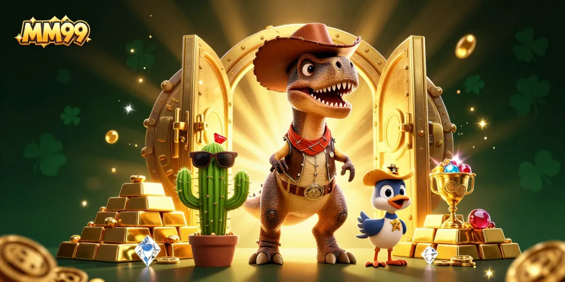 Experience the excitement of MM99 with a vibrant 3D dinosaur casino scene filled with treasures.