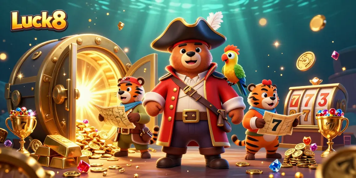 Luck8 showcases a pirate-themed scene with a treasure hunt and slot elements, exciting action for players.