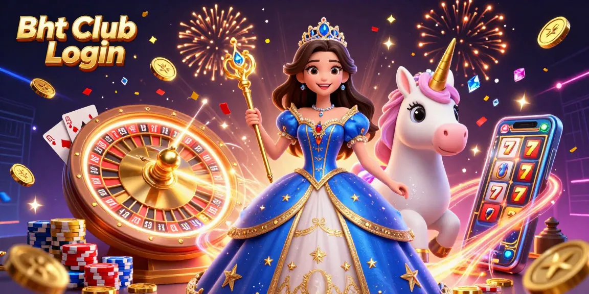 Bht Club Login engaging players with a beautiful woman and unicorn amidst a vibrant casino scene, showcasing exciting games.