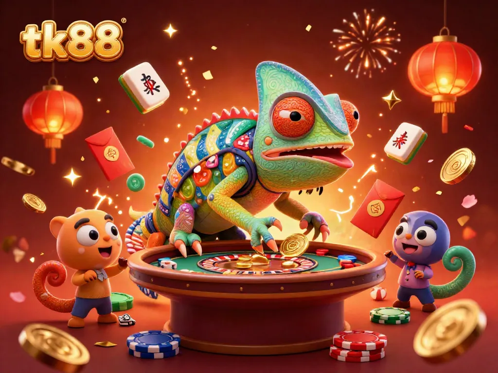 Experience the excitement of tk88 casino gaming with a vibrant 3D scene of our chameleon owner and festive elements.