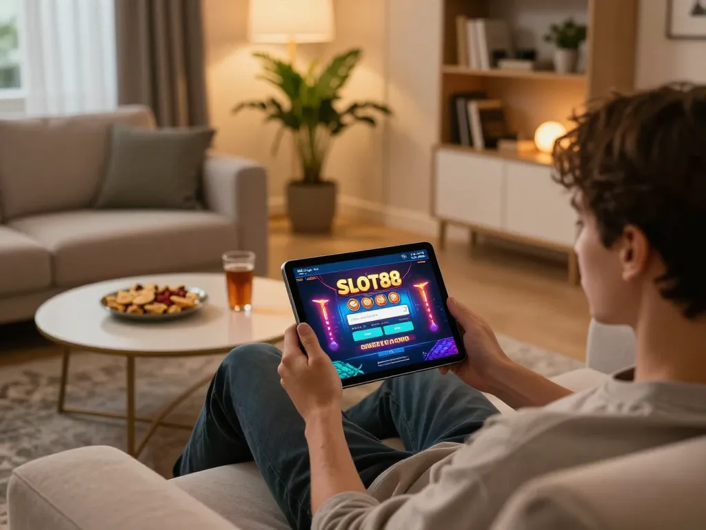 Sitting at home engaging with the SLOT88 login for online gaming, highlighting a responsible gambling approach.