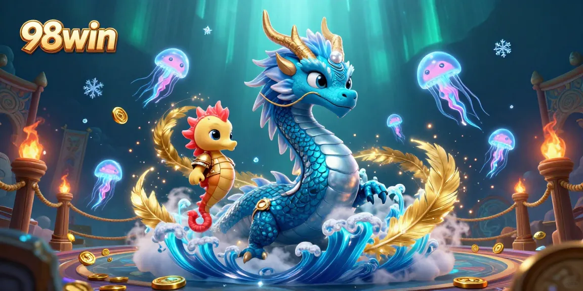 Engage in the thrilling world of 98win with a dynamic underwater casino scene featuring magical creatures.