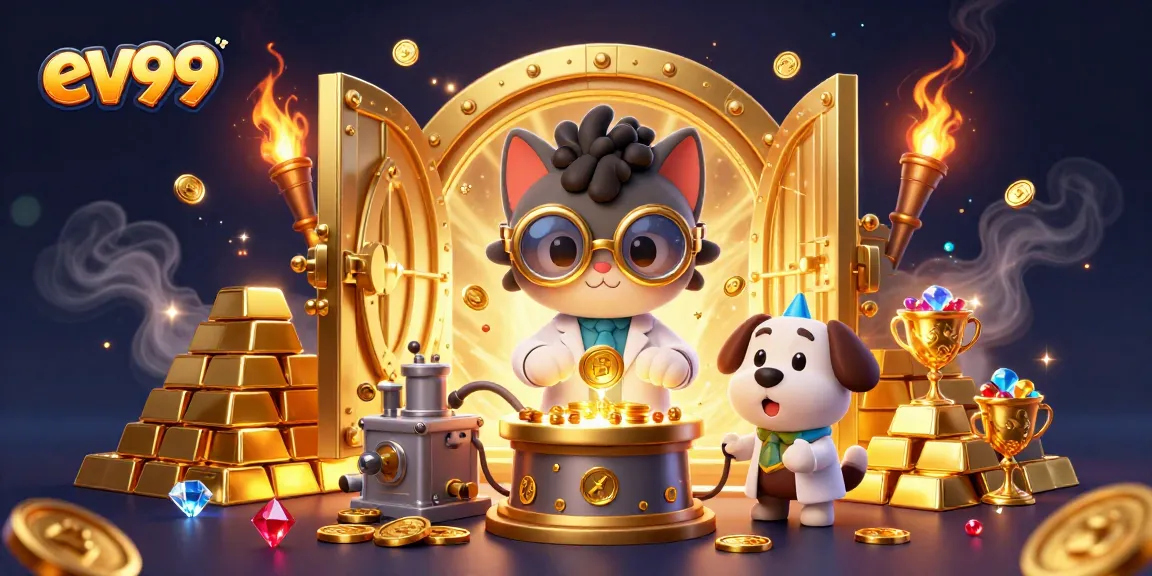 Experience thrilling wins at ev99 with a vibrant scene of a mad scientist cat creating gold coins.