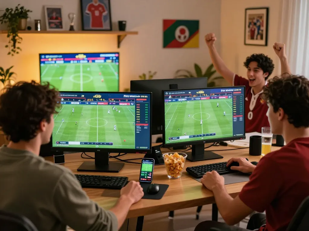 Placing strategic bets during worldcup2026 with friends in a lively home setting.
