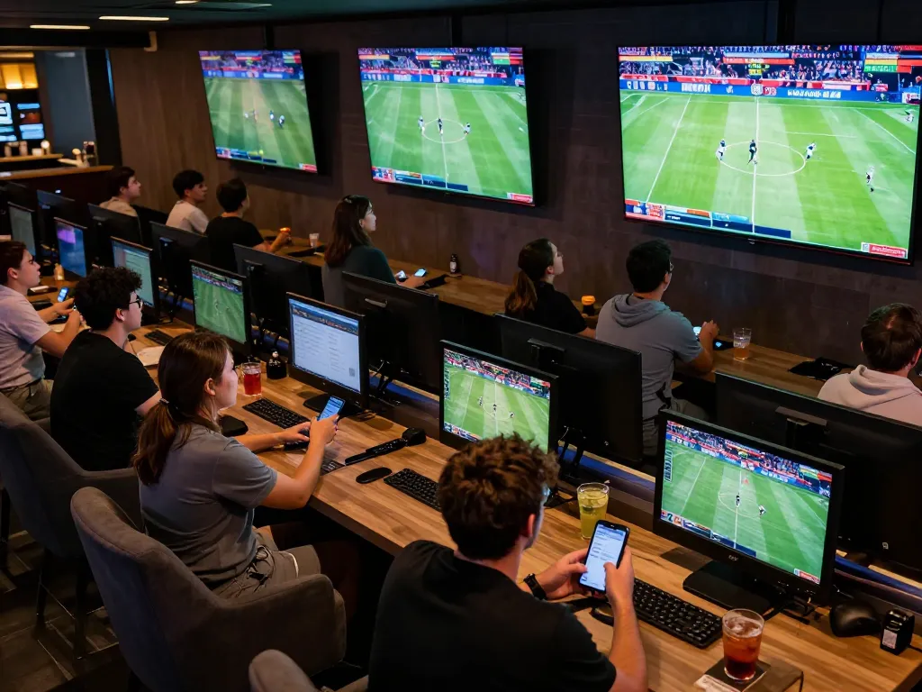 LGO GOAL active sports betting scene with fans engaging and placing wagers at a vibrant lounge