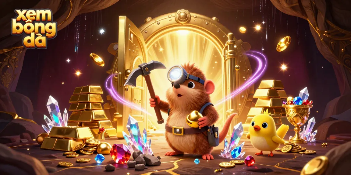 Xem bóng đá effortlessly with a dynamic treasure hunter scene featuring gold treasures and vibrant gems.
