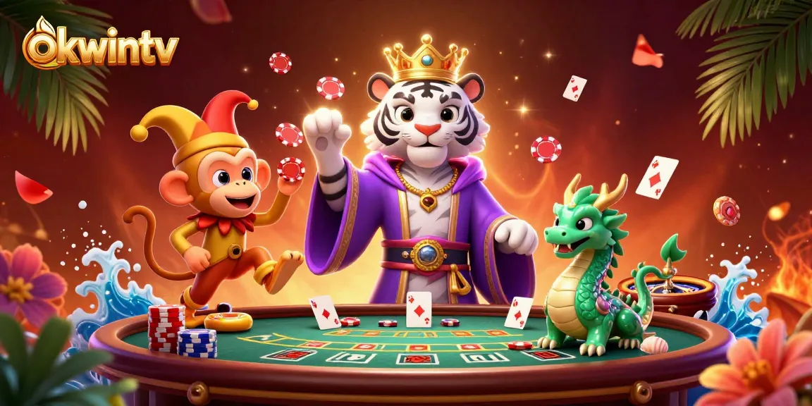 Bet on your favorite matches with okwintv, featuring vibrant casino elements in a lively illustration.