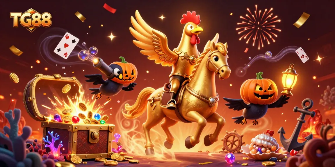 Experience the thrilling atmosphere of TG88 with a golden rooster and mystical elements lighting up the casino.