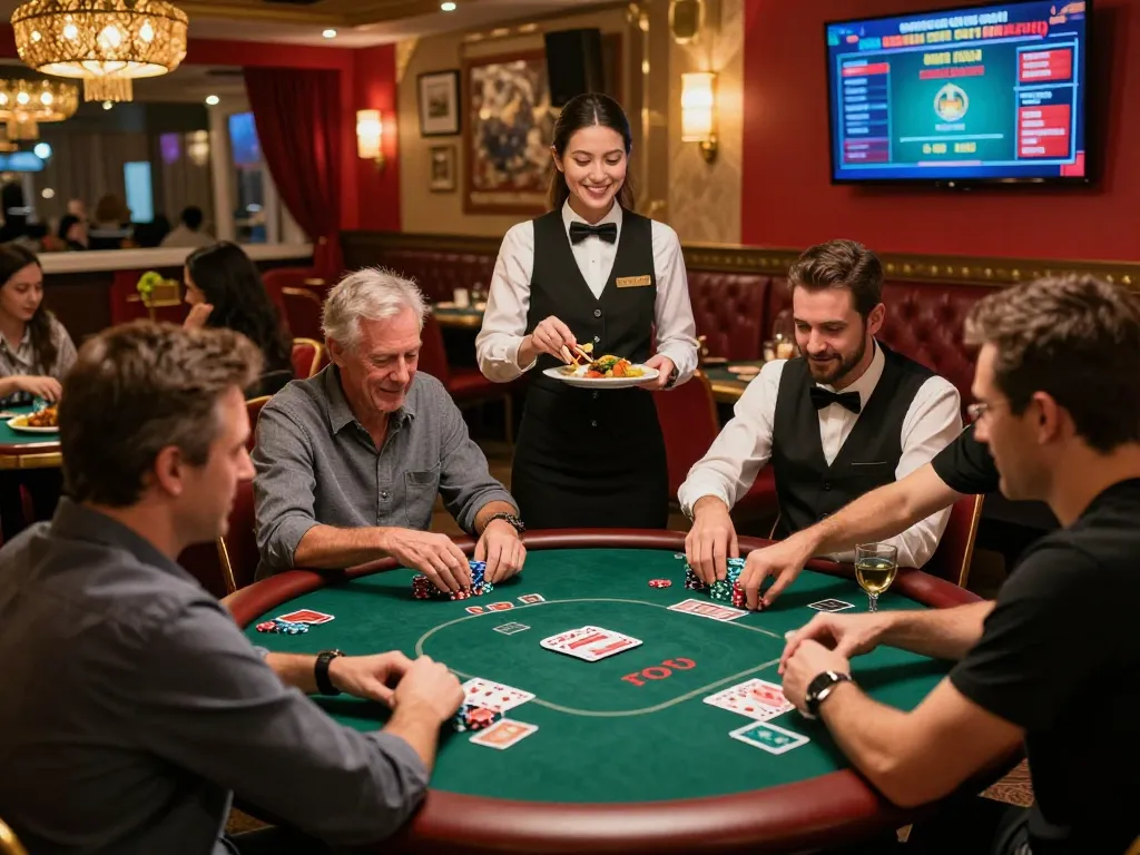 Engaging dining experience at POKERSERI with poker games and delicious food.