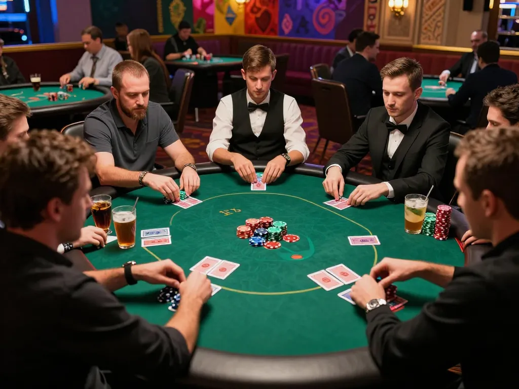 Players at rokok88 table engaging intensely during a thrilling poker game, showcasing chips and cards in action.