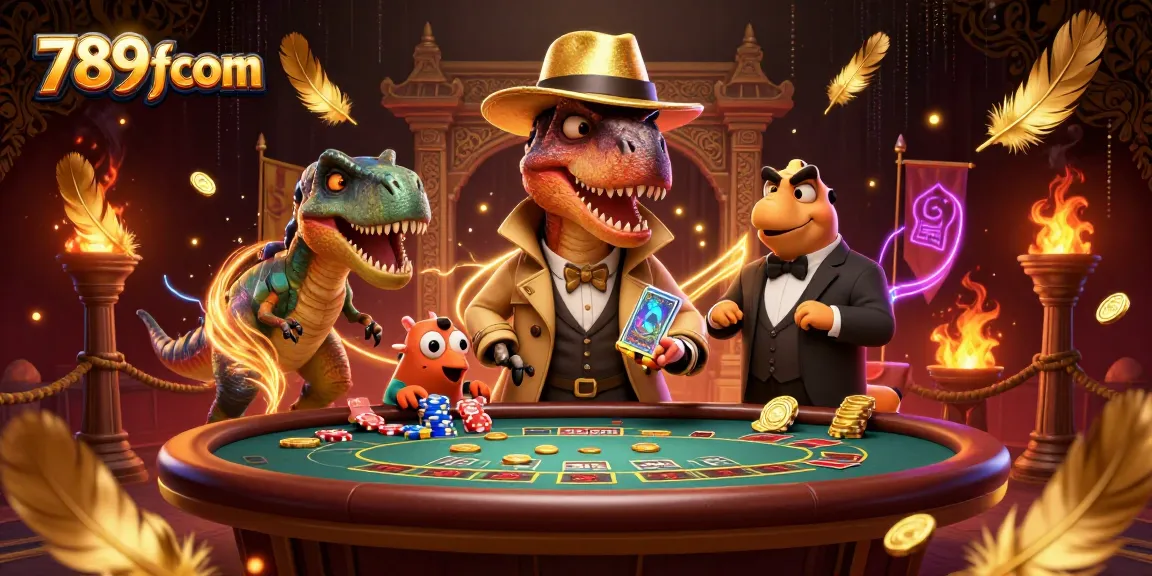 Experience thrilling action at 789fcom with a velociraptor card counter amidst exciting casino elements.