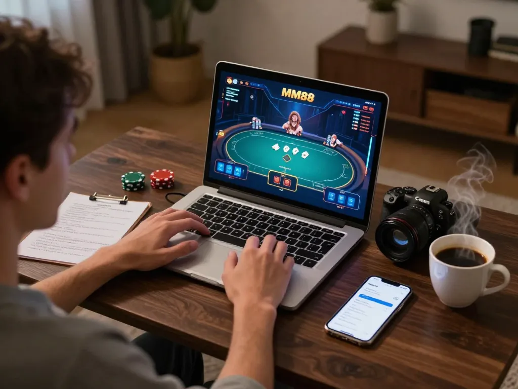 Player explores MM88 online poker while enjoying a cozy home gaming environment, focusing on strategy.