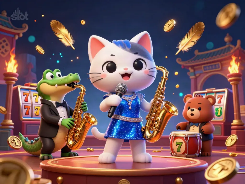 Engage with slot games in a vibrant casino atmosphere featuring jazzy characters and dynamic elements.