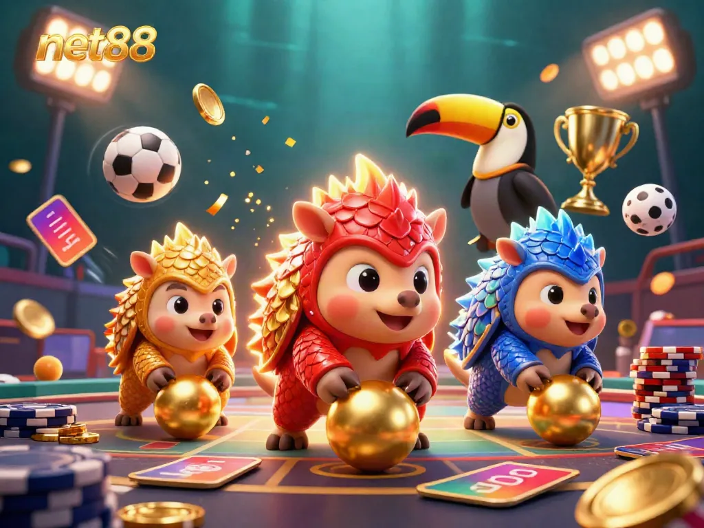 Engage in thrilling gameplay with net88 as vibrant pangolins roll towards golden winnings amidst colorful casino elements.
