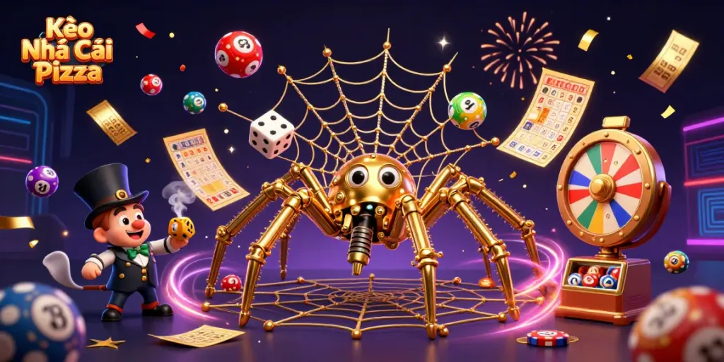 Kèo Nhà Cái Pizza showcases a vibrant scene of a steampunk spider and a gentleman in a dynamic web surrounded by gambling elements.