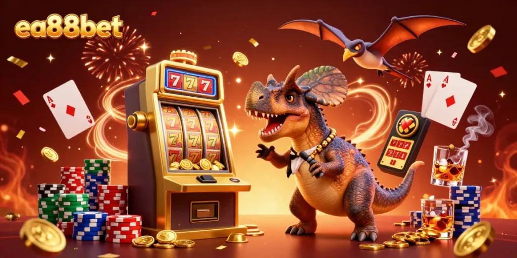 Experience a thrilling jackpot moment with ea88bet as prehistoric characters celebrate casino wins in a vibrant atmosphere.