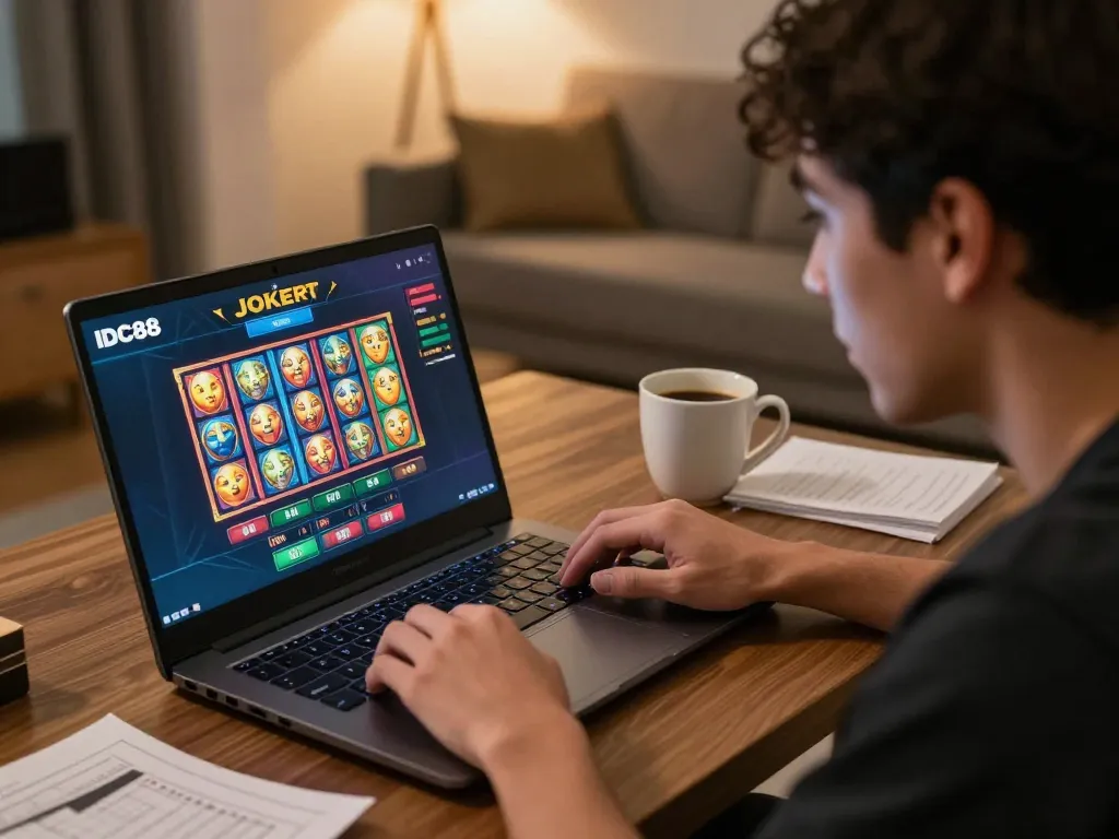 IDC88 JOKER player strategizing while enjoying dynamic online slot gaming from a cozy home.
