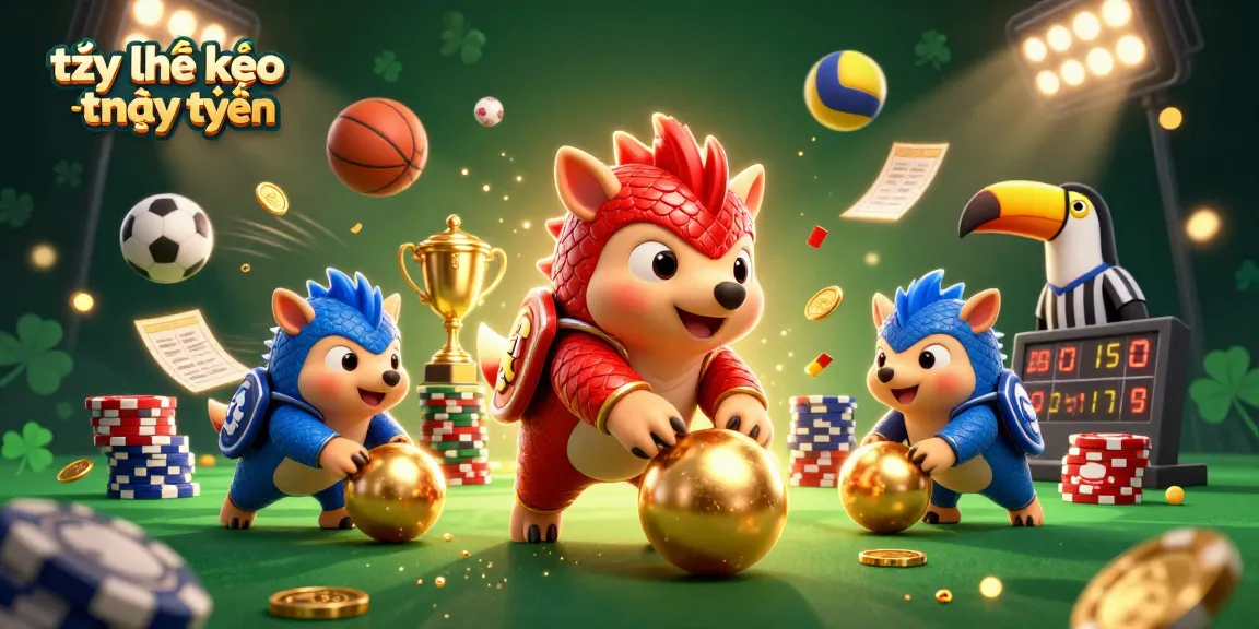 Engage with tỷ lệ kèo trực tuyến as cartoon pangolins bowl golden balls among poker chips in a festive gambling scene.
