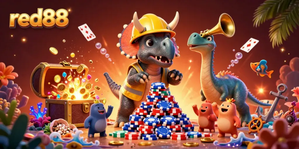 Experience exciting gameplay at red88 with 3D characters building a poker chip pyramid in a vibrant casino scene.