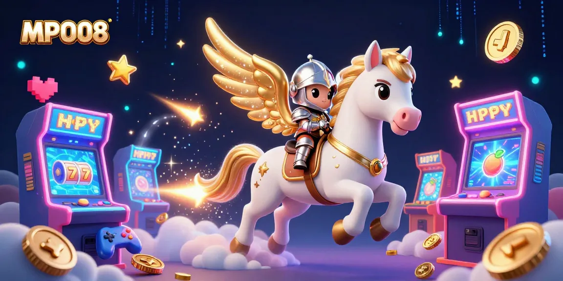 Engage with MPO08's thrilling slots and games under a magical scene with a celestial horse and neon game machines.