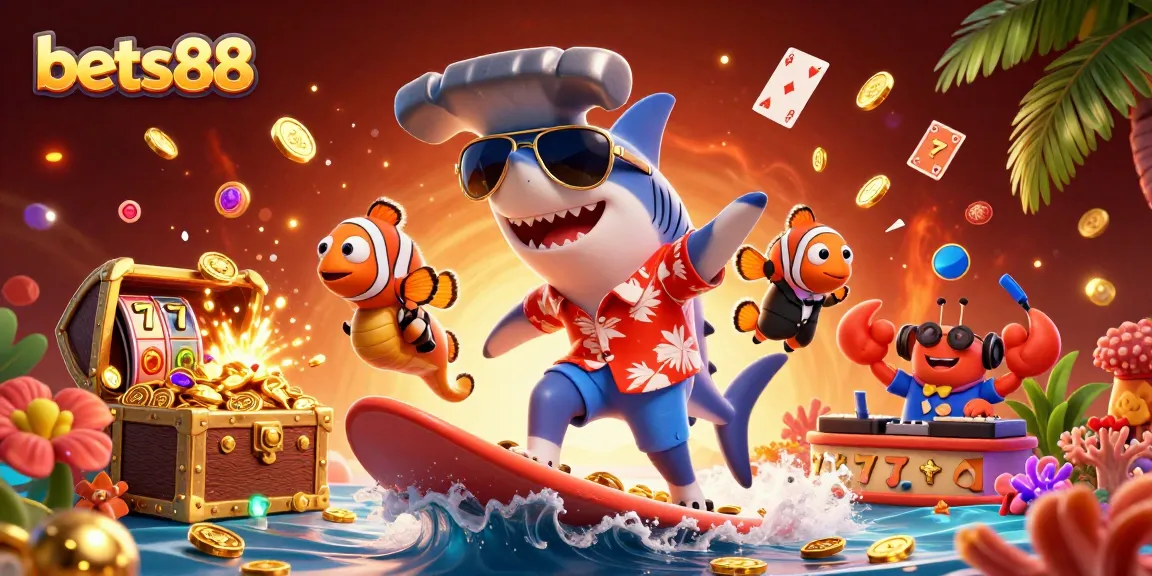 Bets88 showcases a vibrant 3D casino scene with a playful shark, clownfish, and crab amidst gold coins and dynamic slot elements.