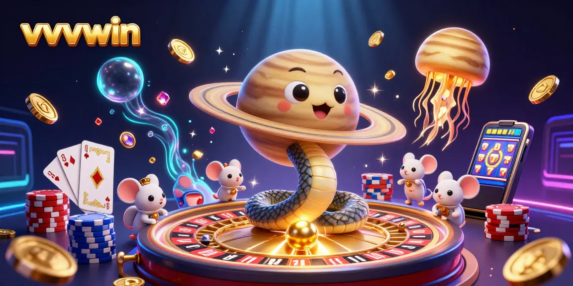 Bet on vvvwin's universe with exciting 3D imagery of roulette, jackpots, and cosmic elements.