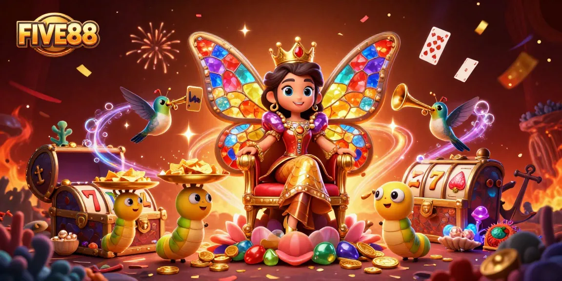 Engage in casino excitement with FIVE88, featuring a vibrant 3D scene of butterflies and treasures.