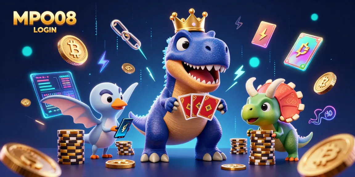 Play games with MPO08 LOGIN featuring a T-Rex and vibrant casino elements.