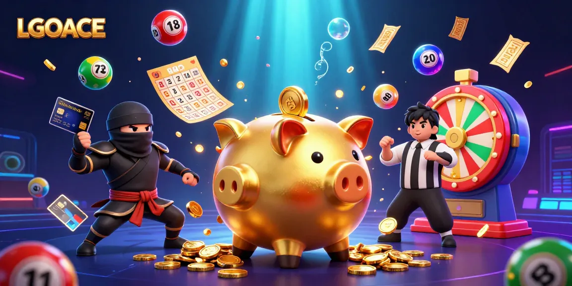LGOACE dynamic casino illustration with a golden piggy bank sumo wrestler, vibrant lottery elements, and energetic action.
