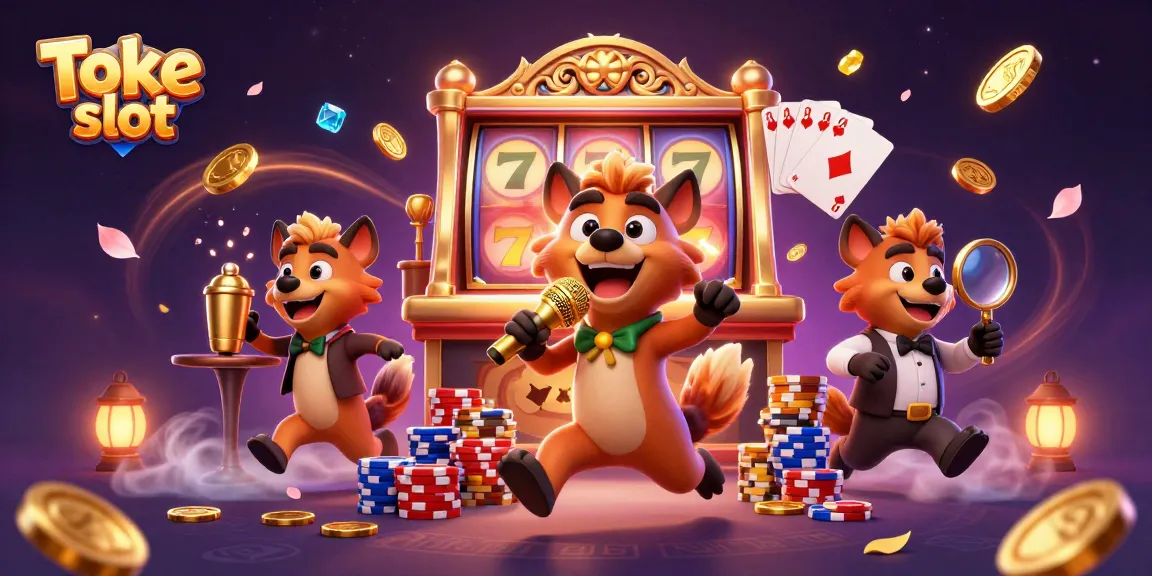 Toke slot experience through hyenas in a comedy casino with slot reels and vibrant casino elements.