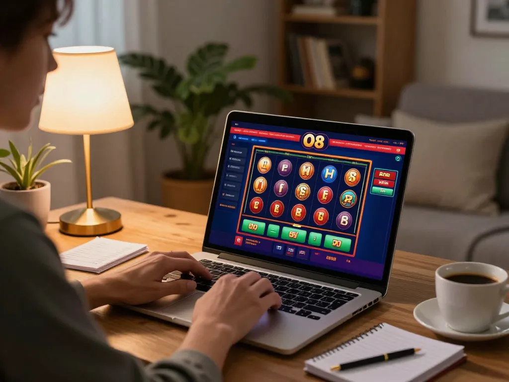 Play engaging O8 online casino games from a cozy home setup, showcasing a laptop and strategic notes.
